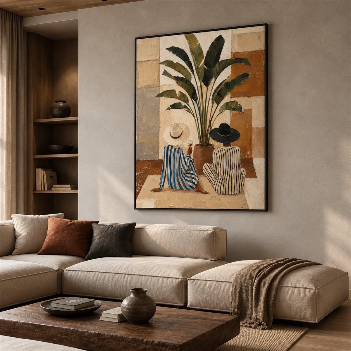 Leafside Companions painting above a pale sectional sofa with warm accent cushions and a wooden coffee table.