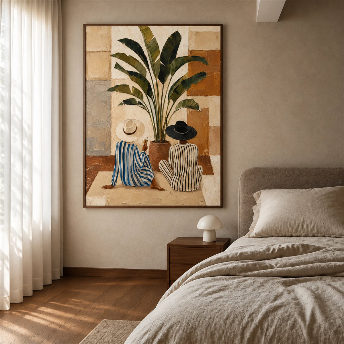 Leafside Companions painting beside a bed and wooden nightstand in a softly lit neutral bedroom.