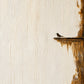 Full artwork of a tiny dark bird perched on a narrow ledge from an ochre rocky edge, surrounded by a broad warm ivory field.