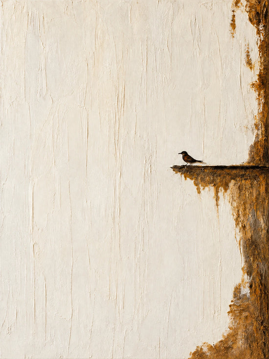 Full artwork of a tiny dark bird perched on a narrow ledge from an ochre rocky edge, surrounded by a broad warm ivory field.