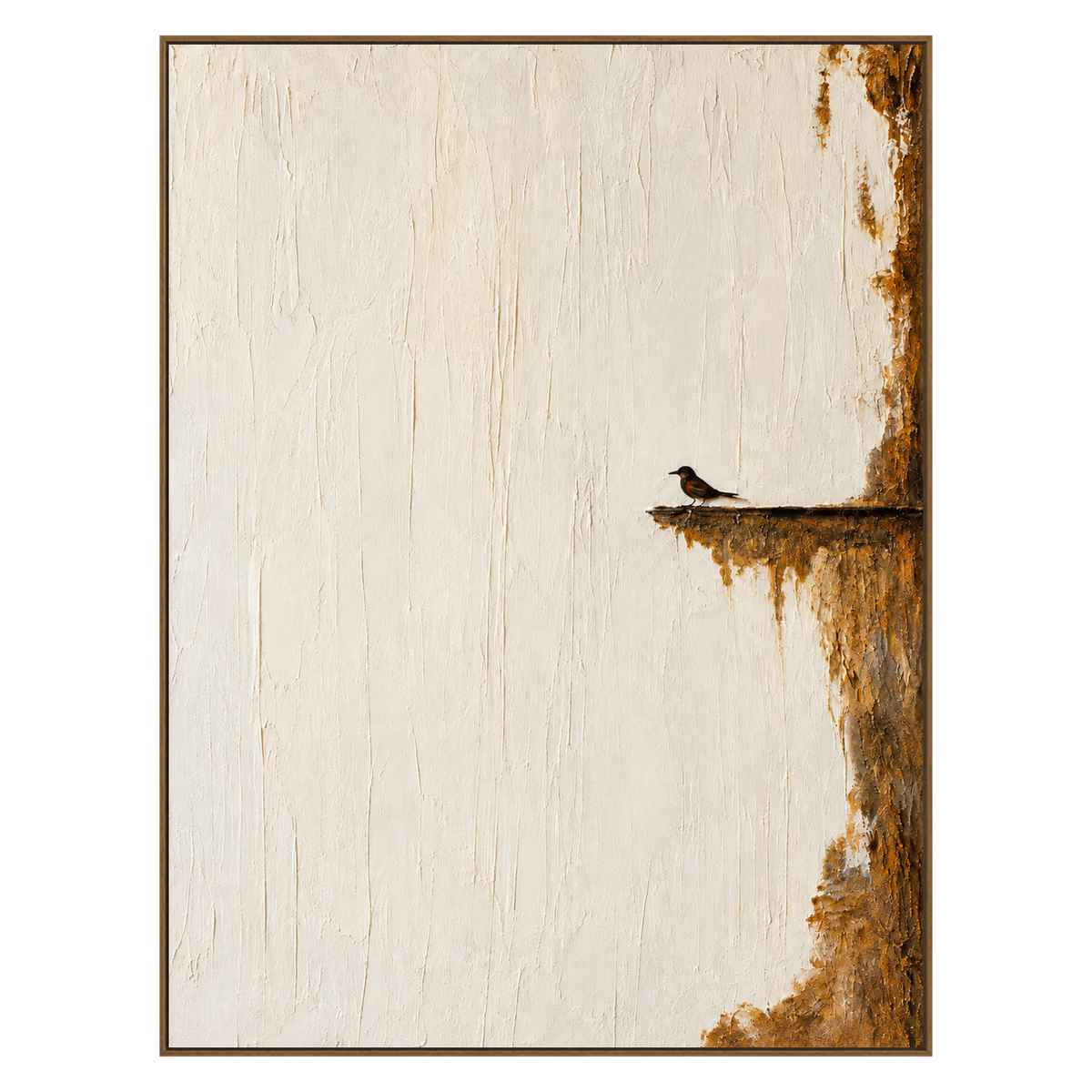 Quiet Perch vertical artwork in a natural wood frame on a transparent background.
