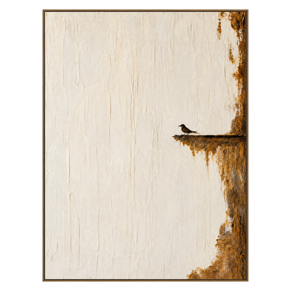 Quiet Perch vertical artwork in a natural wood frame on a transparent background.