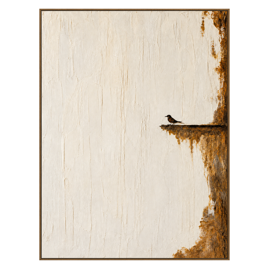 Quiet Perch vertical artwork in a natural wood frame on a transparent background.