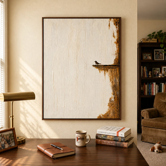 Quiet Perch painting above a wooden desk with a brass lamp, books and a mug in a warm study.
