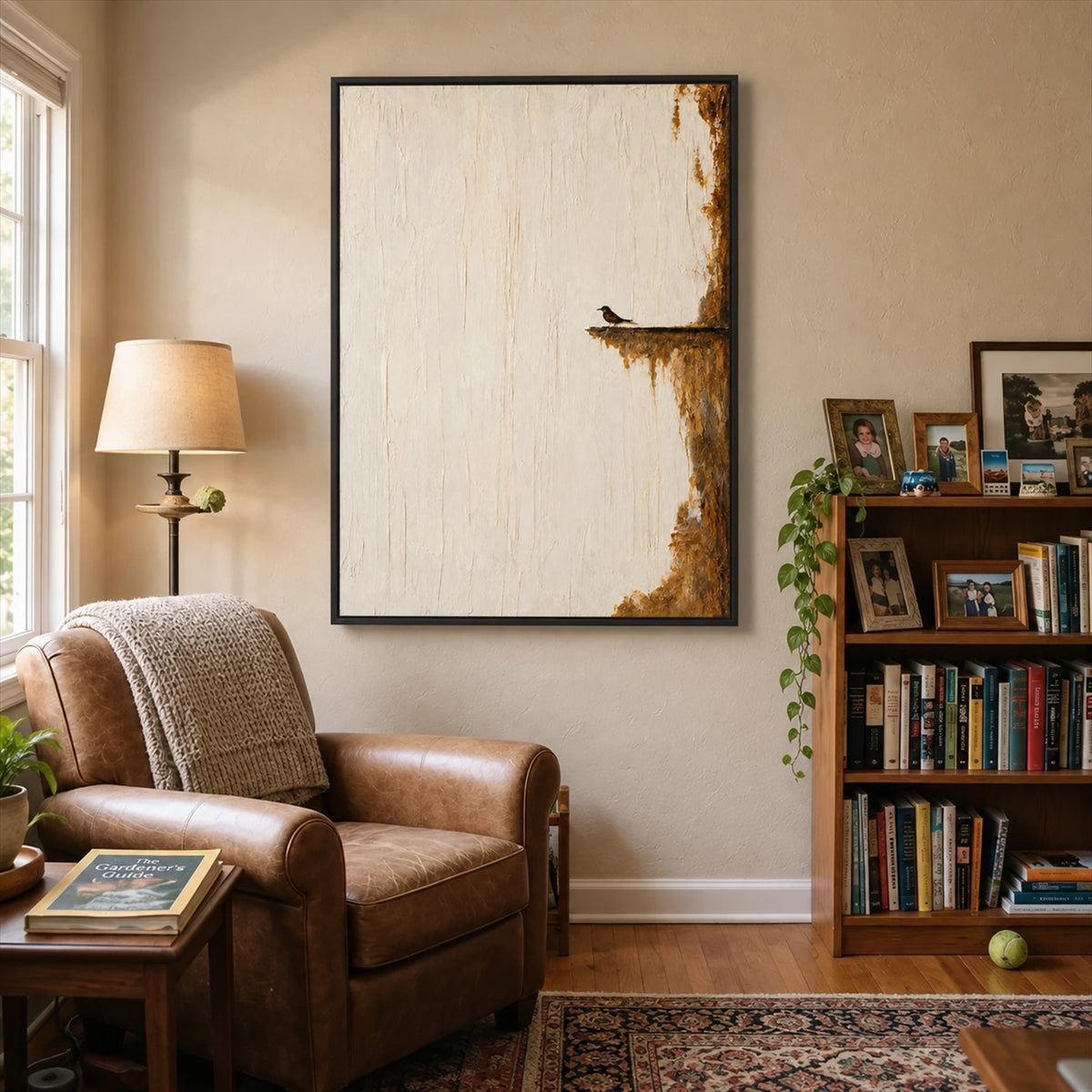 Quiet Perch painting beside a brown leather armchair and filled bookshelves in a cozy reading room.