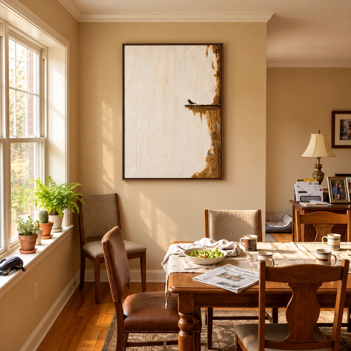 Quiet Perch painting above a wooden dining table in a sunlit room with plants on the windowsill.