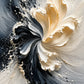 Full abstract artwork of cream and ivory petal-like forms unfurling through sweeping charcoal, black and gray curves.