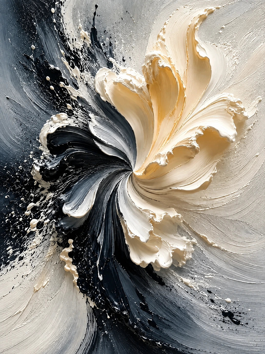 Full abstract artwork of cream and ivory petal-like forms unfurling through sweeping charcoal, black and gray curves.