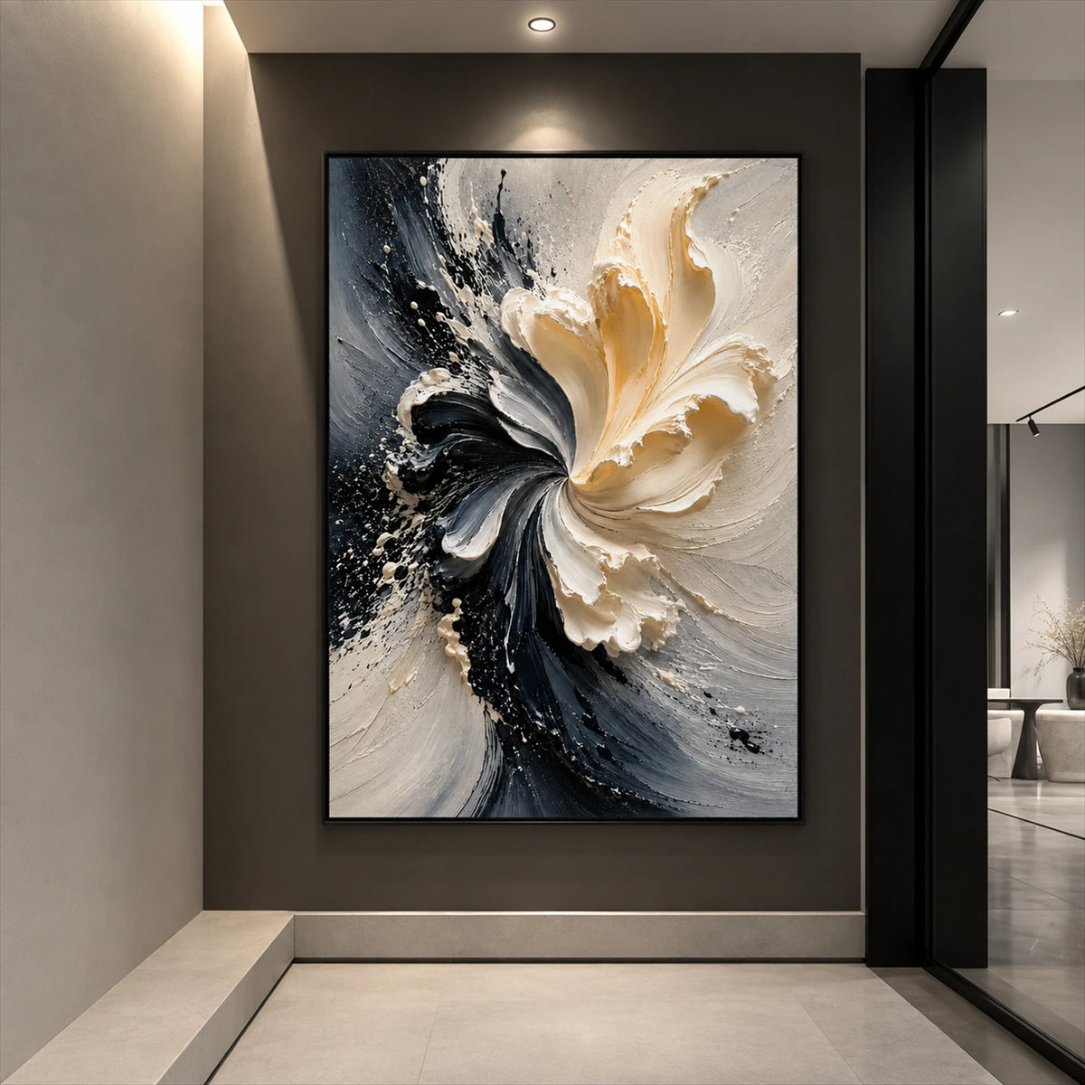 Ivory Bloom painting in a recessed dark wall niche in a minimalist entryway.