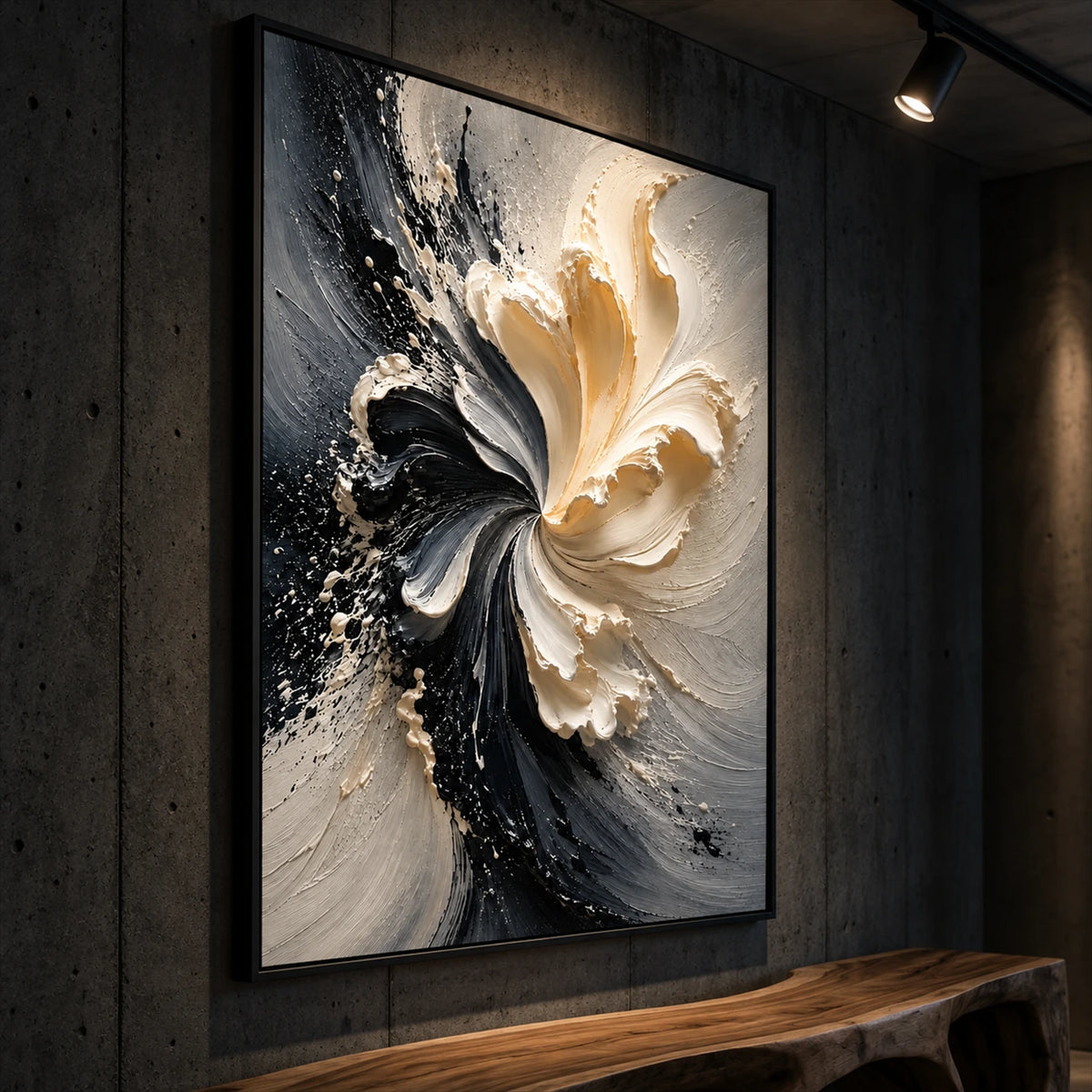 Angled view of Ivory Bloom above a wooden bench against a dark concrete wall with spotlights.