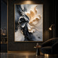 Ivory Bloom painting beside a curved dark armchair and brass floor lamp overlooking a city at night.