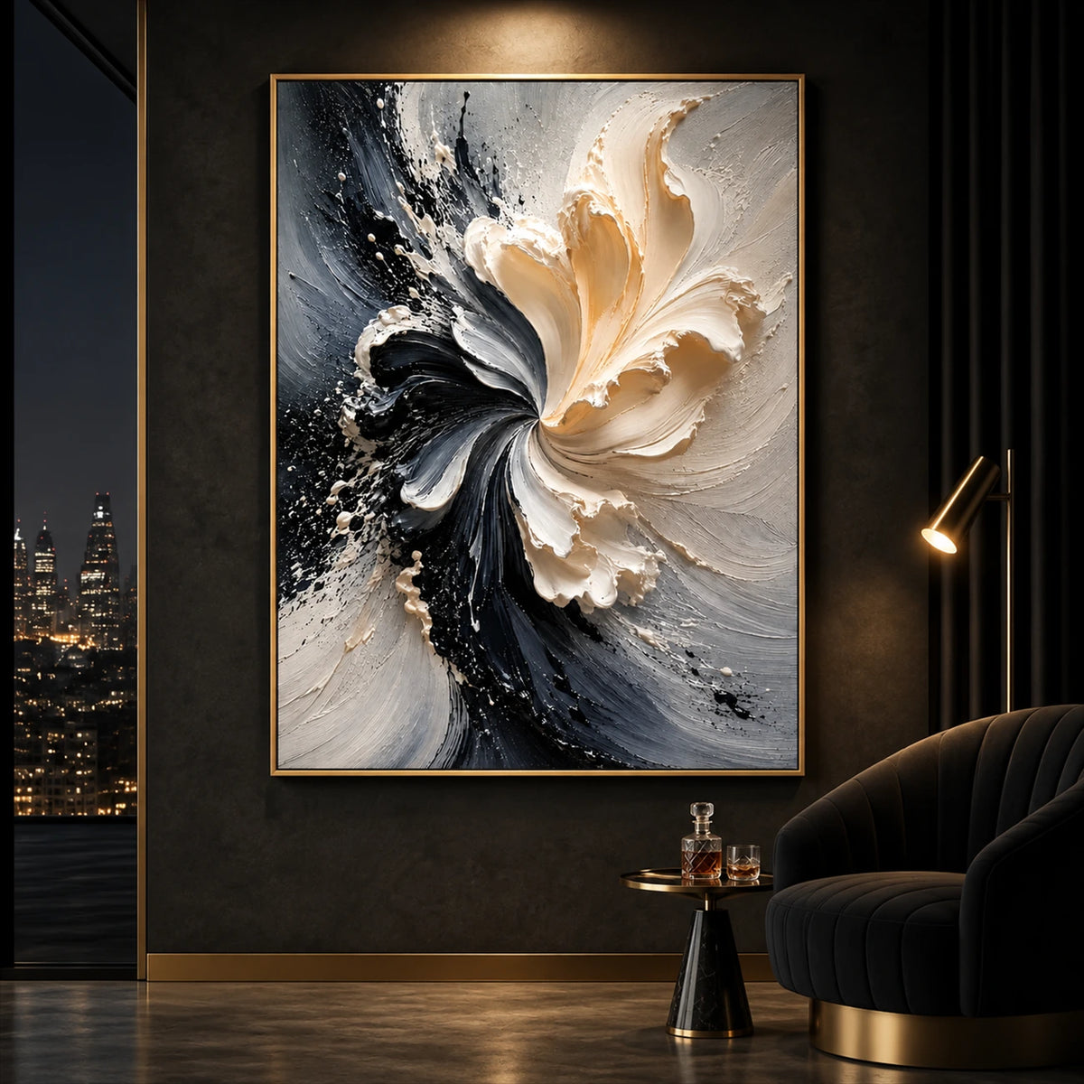 Ivory Bloom painting beside a curved dark armchair and brass floor lamp overlooking a city at night.