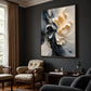 Ivory Bloom painting above patterned seating and a wooden side table in a dark-walled sitting room.