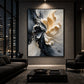 Ivory Bloom painting above a low dark coffee table between black seating in a nighttime city apartment.