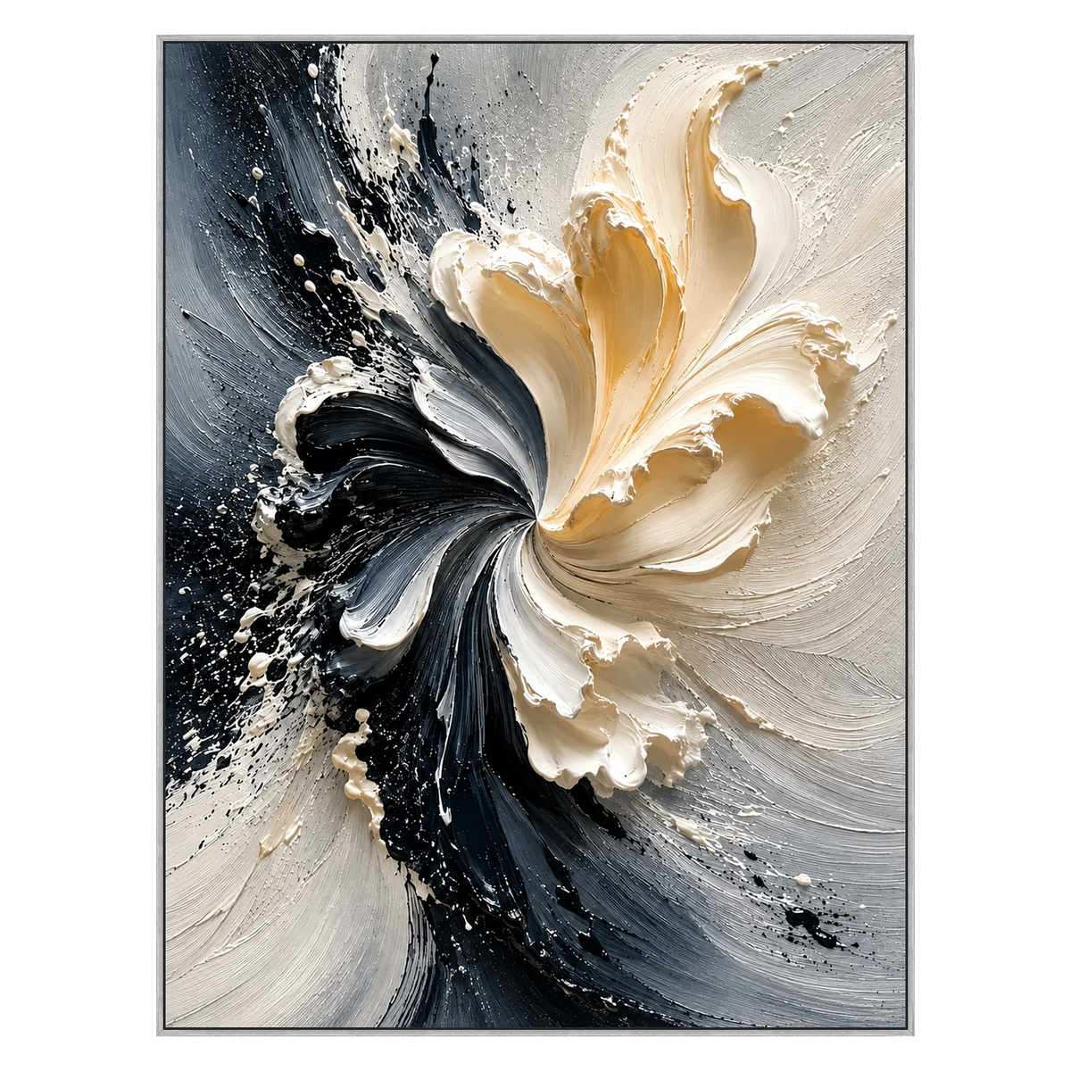 Ivory Bloom vertical artwork in a silver frame on a transparent background.