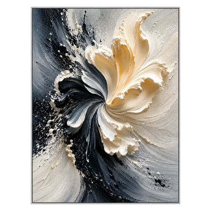 Ivory Bloom vertical artwork in a silver frame on a transparent background.