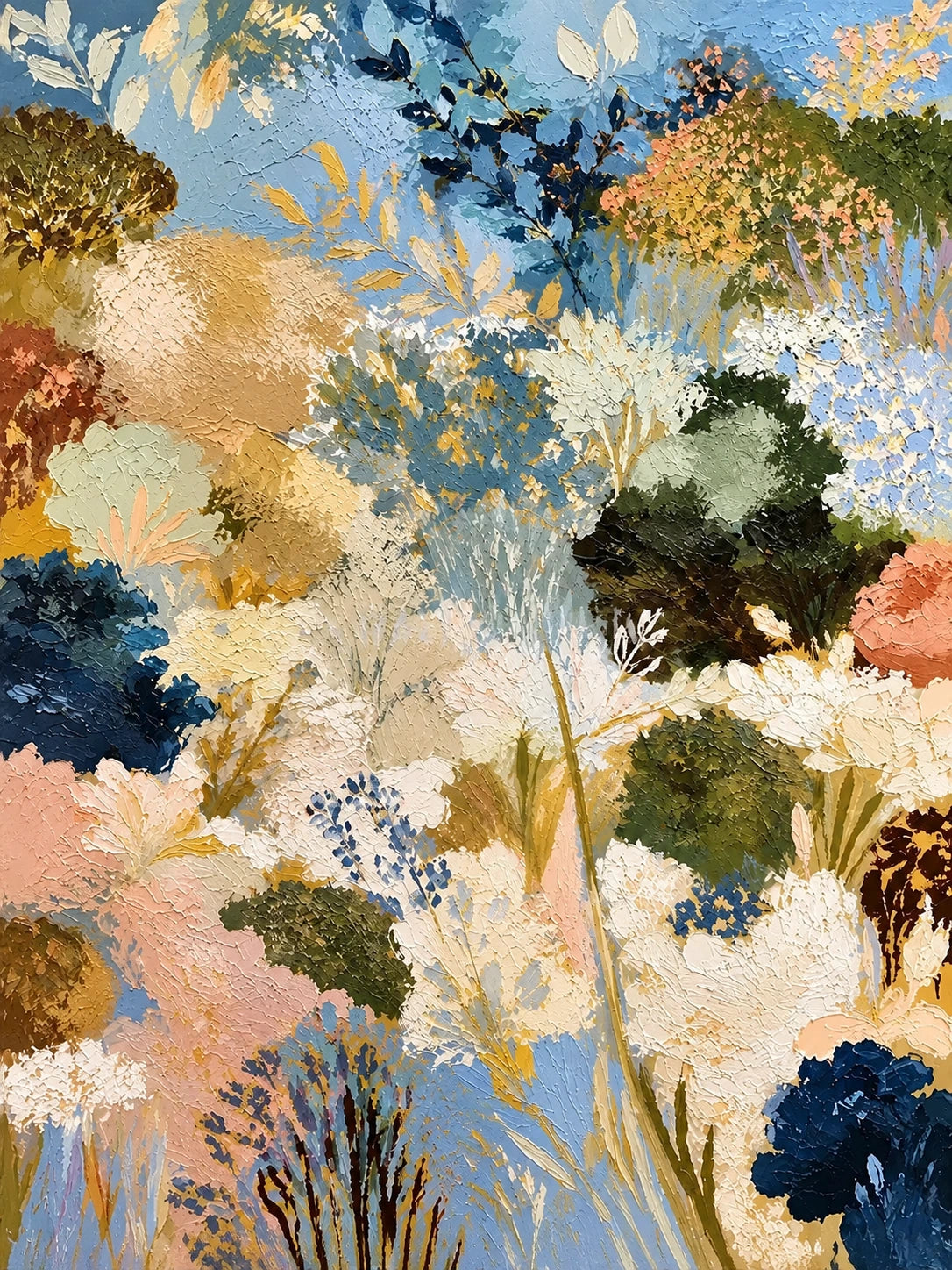 Full botanical artwork of airy stems and clustered cream, golden yellow, blush, navy and olive blossoms across a soft blue field.