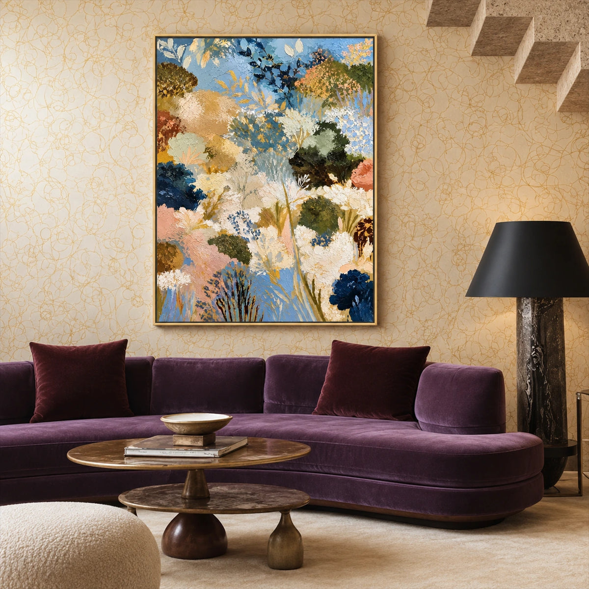 Meadow Reverie painting above a curved plum sofa beside a dark floor lamp and rounded coffee tables.