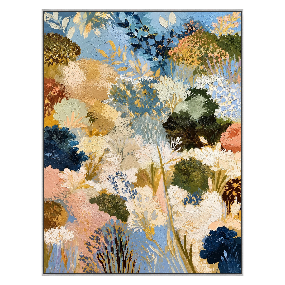 Meadow Reverie vertical artwork in a silver frame on a transparent background.