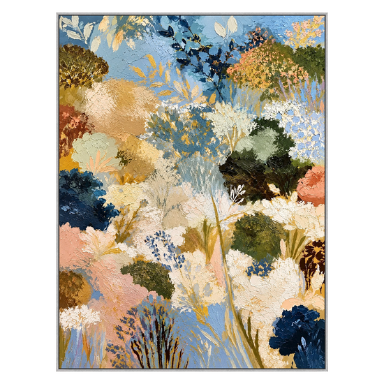 Meadow Reverie vertical artwork in a silver frame on a transparent background.