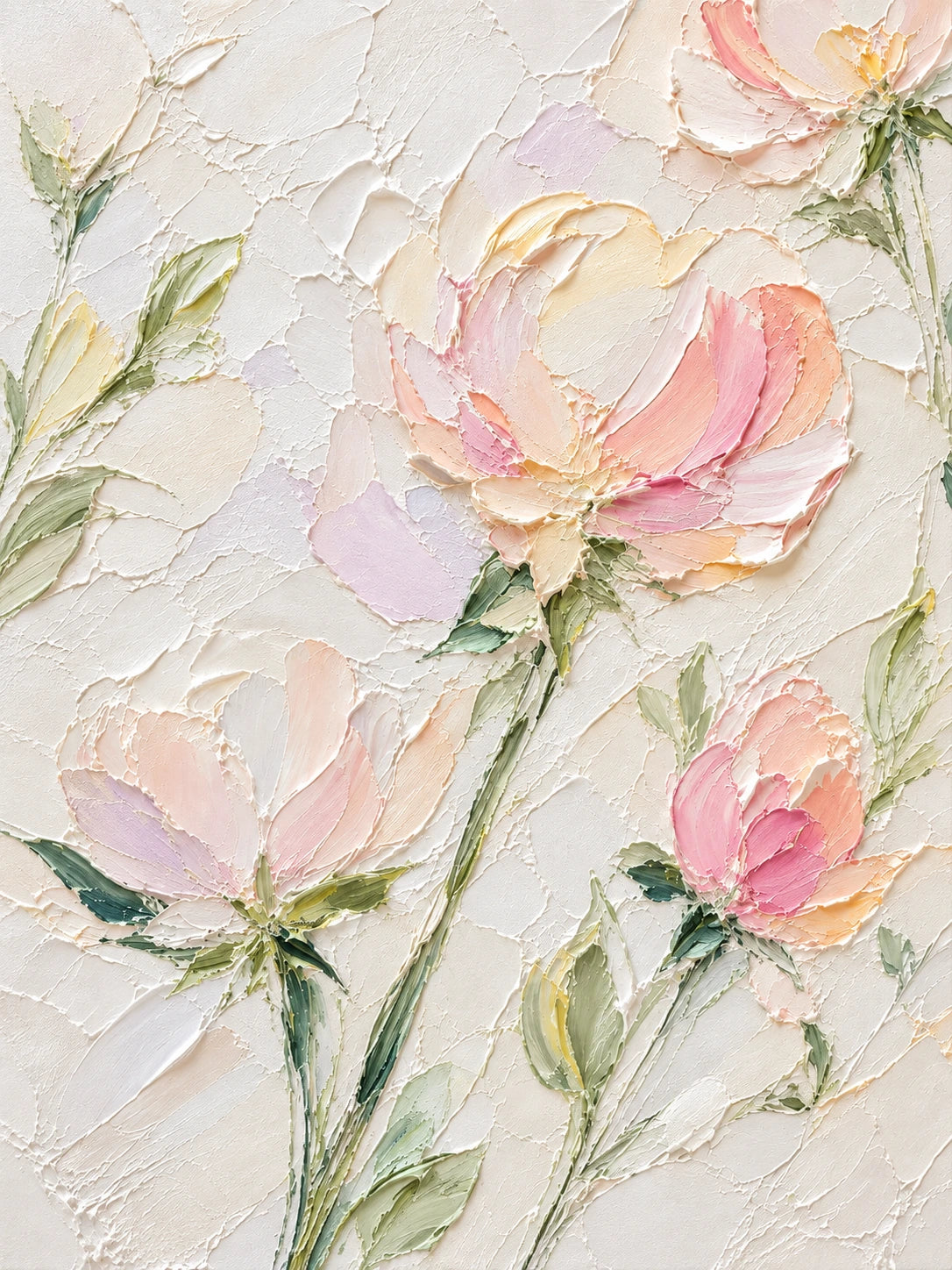 Full botanical artwork of blush pink, cream and pale peach blossoms with slender green stems, leaves and buds against warm ivory.