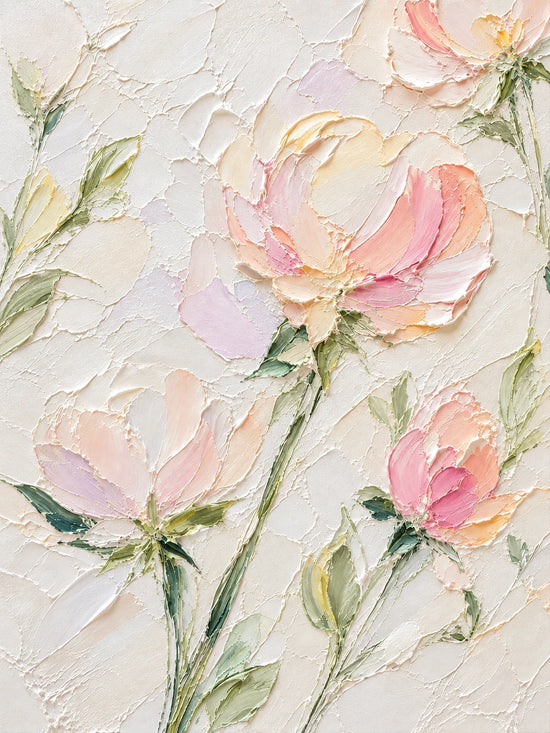 Full botanical artwork of blush pink, cream and pale peach blossoms with slender green stems, leaves and buds against warm ivory.