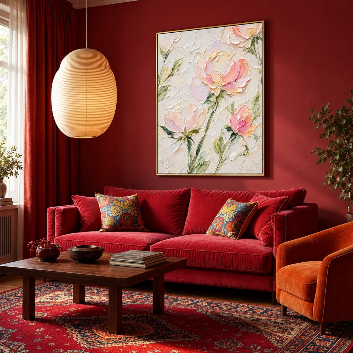 Blush Petals painting above a red sofa beneath a paper pendant lamp in a rich red living room.