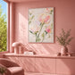 Blush Petals painting above a pink cabinet beside a sunny window in a soft pink interior.