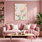 Blush Petals painting above a pink sofa with white cushions and a light wooden coffee table.