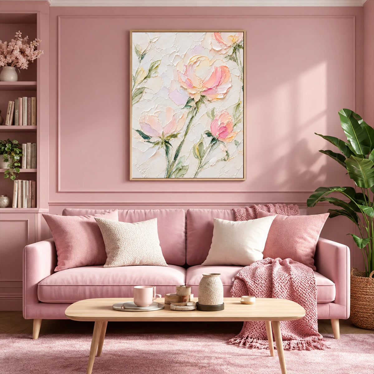 Blush Petals painting above a pink sofa with white cushions and a light wooden coffee table.