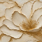 Full botanical artwork of a large ivory blossom with golden-toned petal edges, a detailed center and branching lines across warm cream.