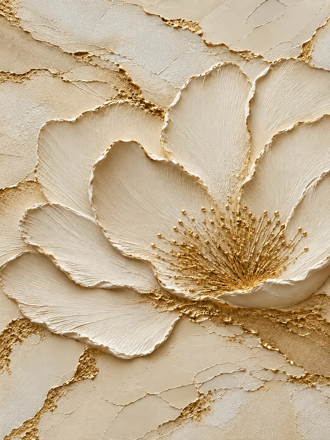Full botanical artwork of a large ivory blossom with golden-toned petal edges, a detailed center and branching lines across warm cream.