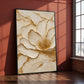 Gilded Blossom canvas leaning against a terracotta wall beside a tall sunlit window.