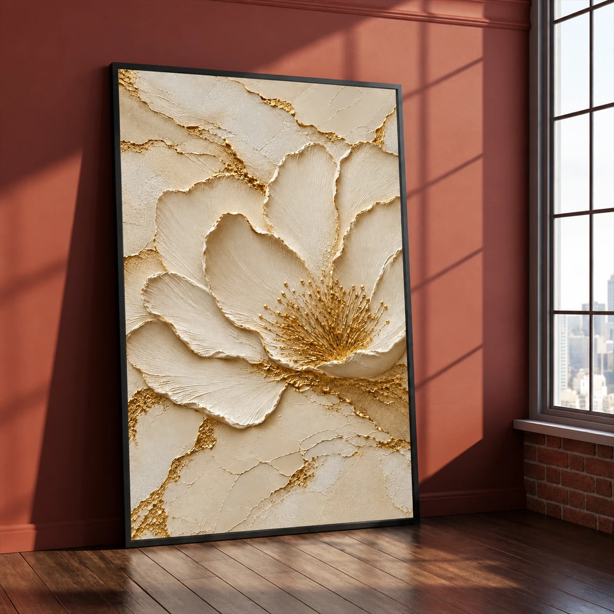 Gilded Blossom canvas leaning against a terracotta wall beside a tall sunlit window.