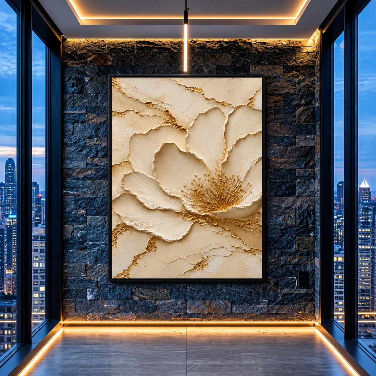 Gilded Blossom painting in a dark stone wall niche with warm lighting and a city view.
