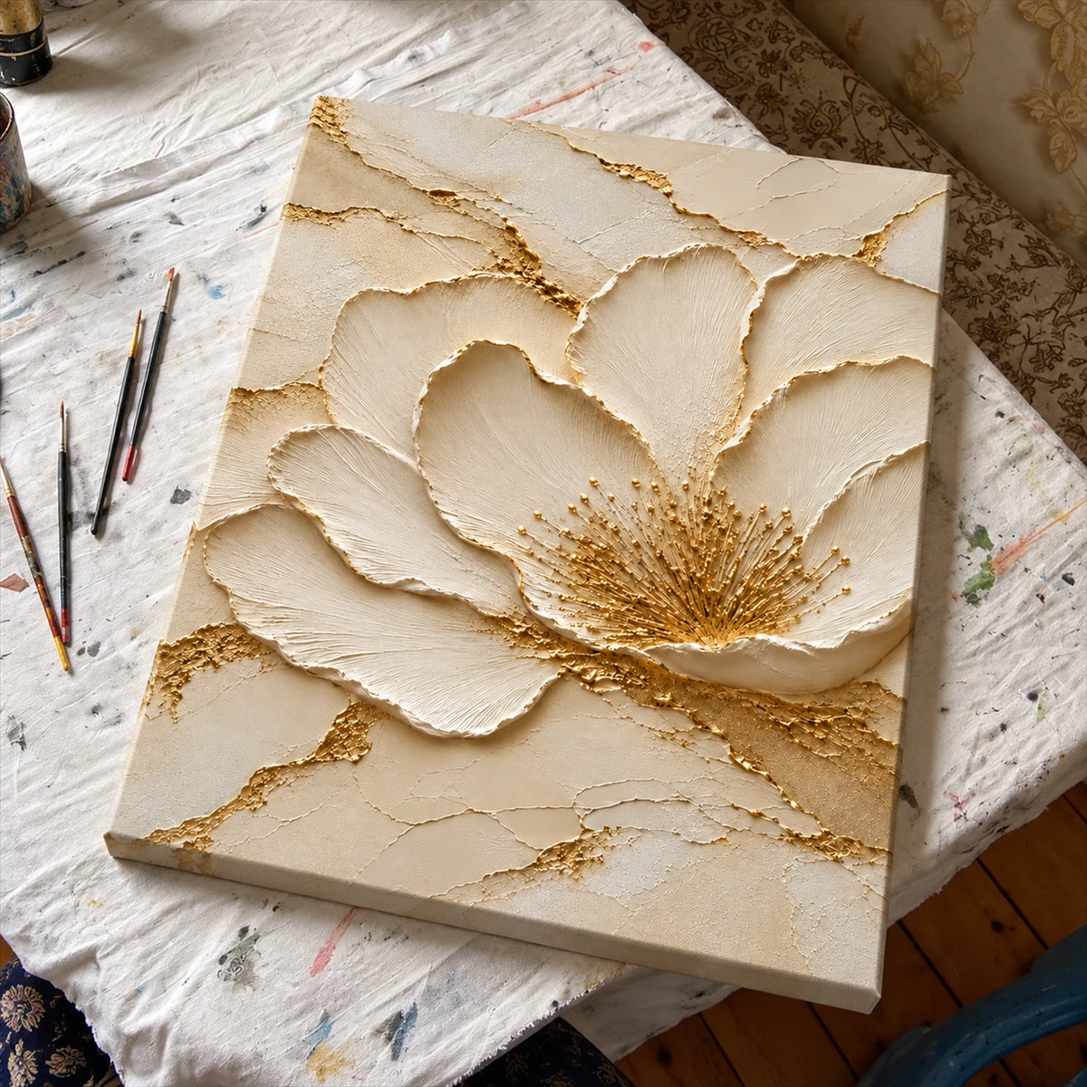 Styled studio presentation of Gilded Blossom canvas on a cloth-covered worktable beside brushes.