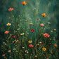 Full botanical artwork of slender coral, orange, yellow and cream wildflowers rising through dark green foliage against an emerald and teal background.