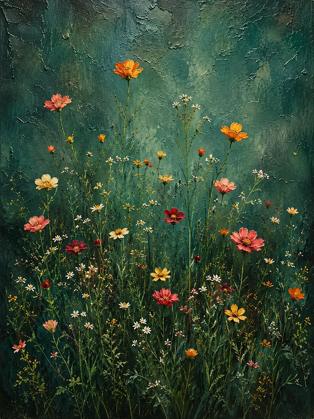 Full botanical artwork of slender coral, orange, yellow and cream wildflowers rising through dark green foliage against an emerald and teal background.