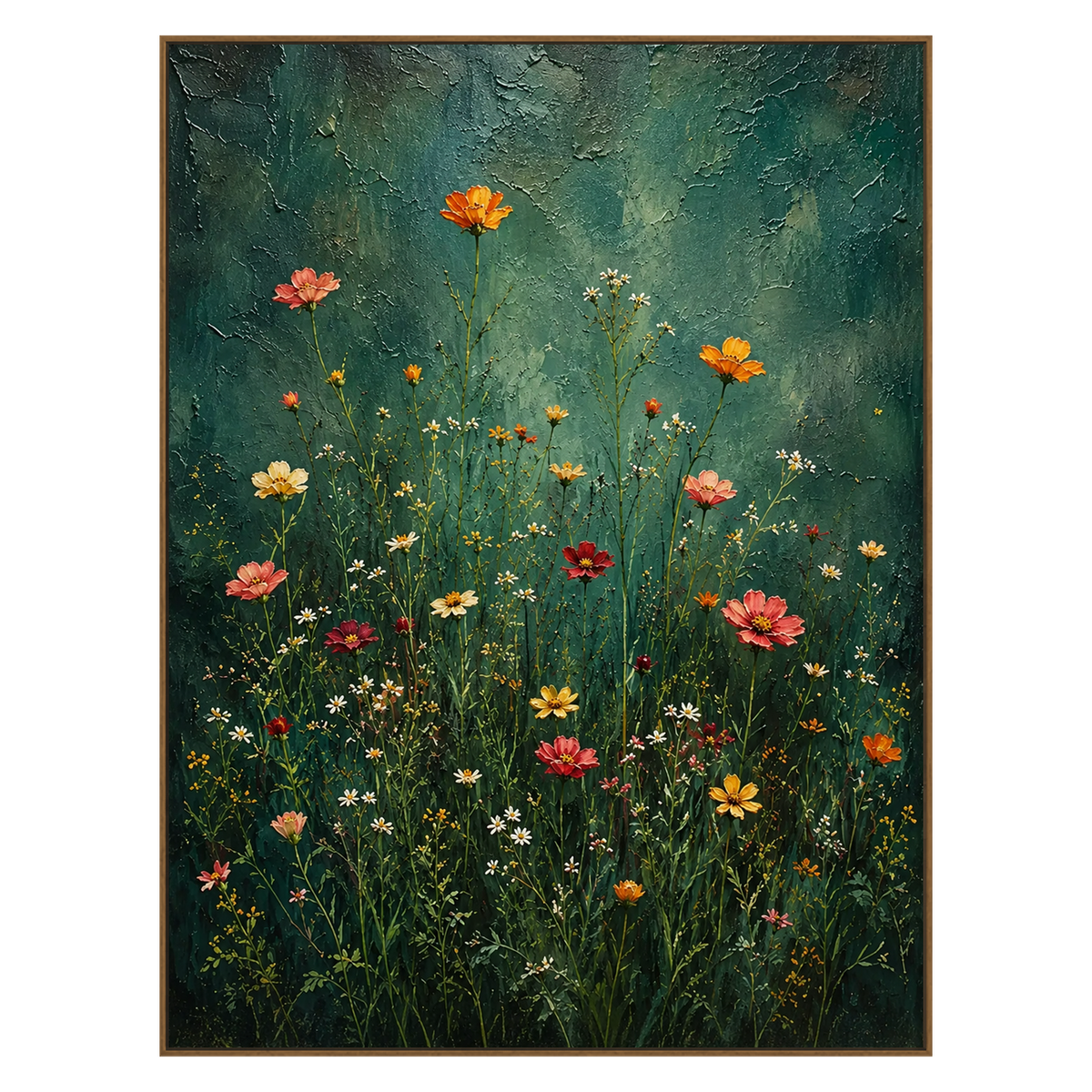 Emerald Wildflowers vertical artwork in a natural wood frame on a transparent background.