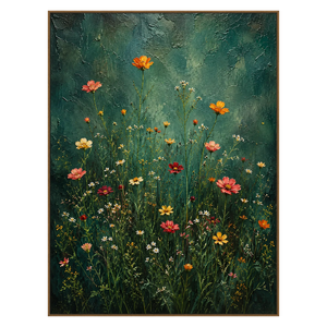 Emerald Wildflowers vertical artwork in a natural wood frame on a transparent background.