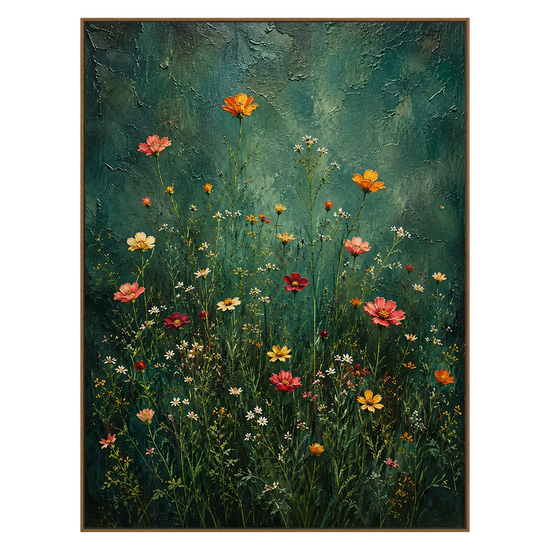 Emerald Wildflowers vertical artwork in a natural wood frame on a transparent background.