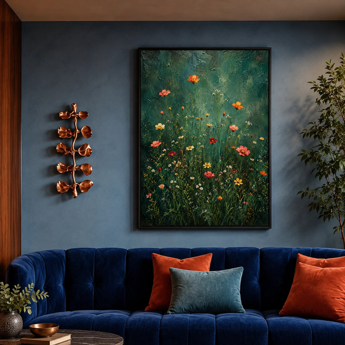 Emerald Wildflowers painting above a navy velvet sofa with orange cushions against a dark blue wall.