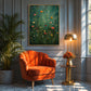 Emerald Wildflowers painting beside an orange velvet armchair and brass lamp in a blue paneled room.