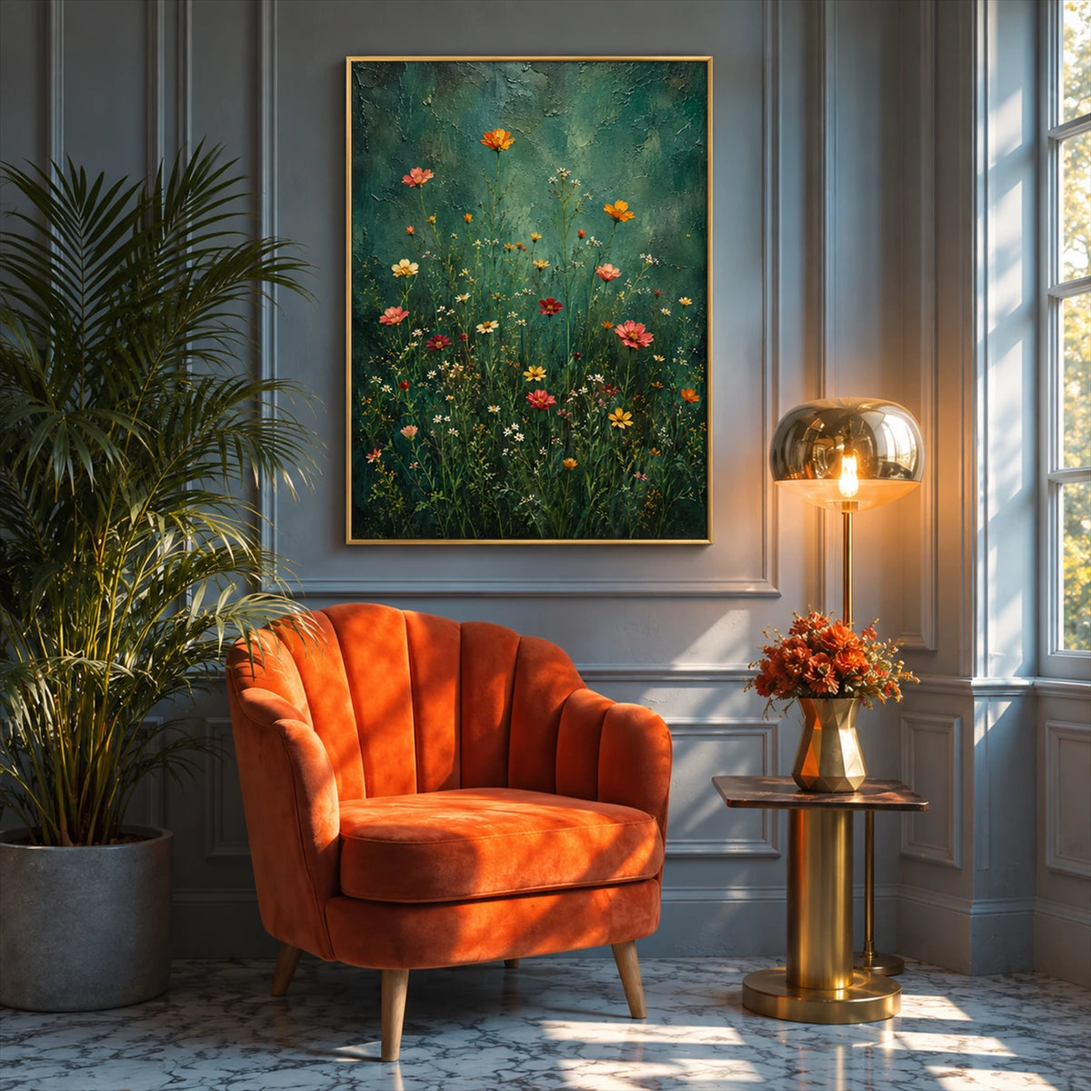 Emerald Wildflowers painting beside an orange velvet armchair and brass lamp in a blue paneled room.