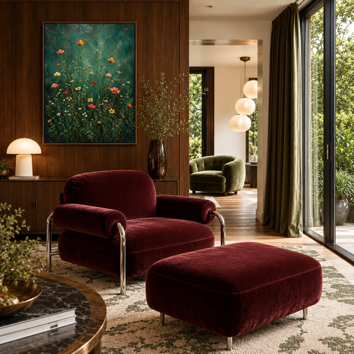 Emerald Wildflowers painting on a wooden wall beside a burgundy lounge chair and ottoman.