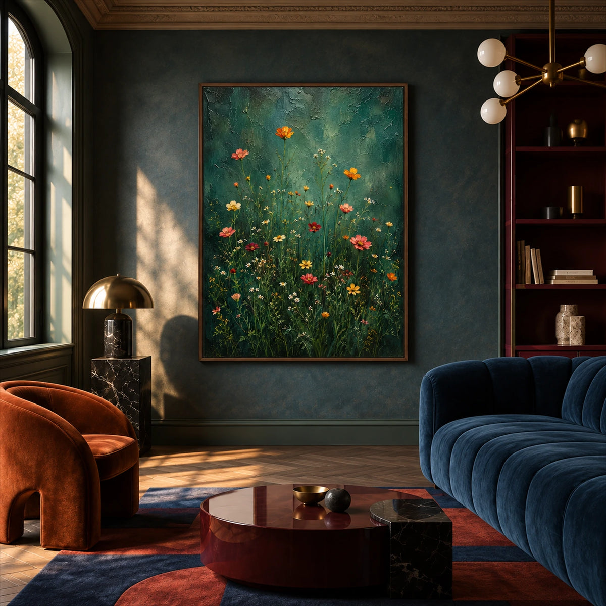Emerald Wildflowers painting above a round coffee table between blue and orange seating in a dark living room.