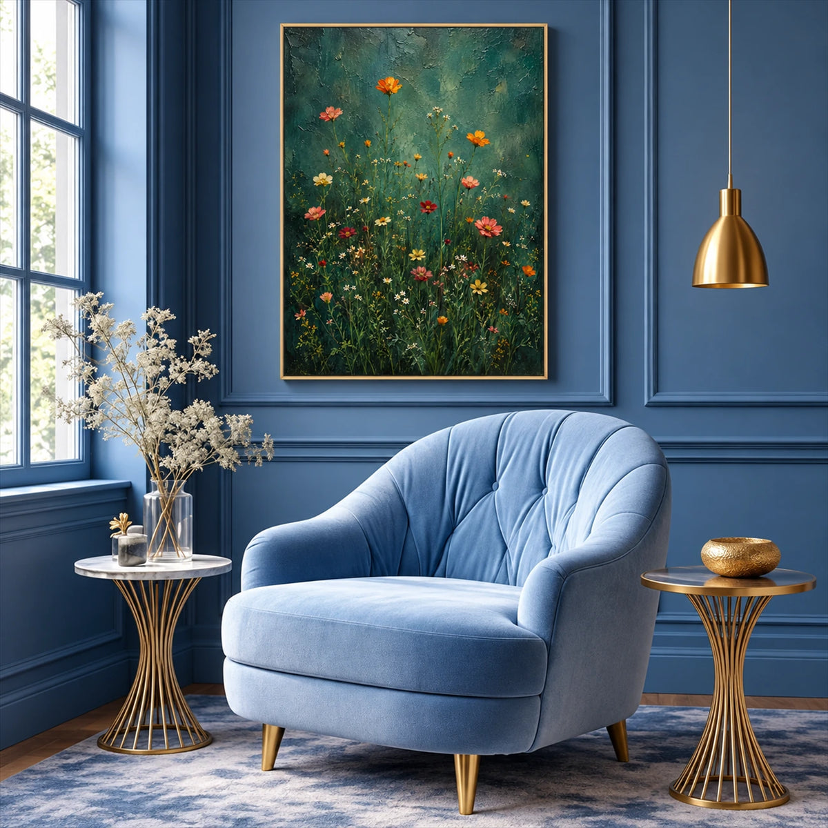 Emerald Wildflowers painting above a pale blue armchair with brass accents in a blue paneled room.