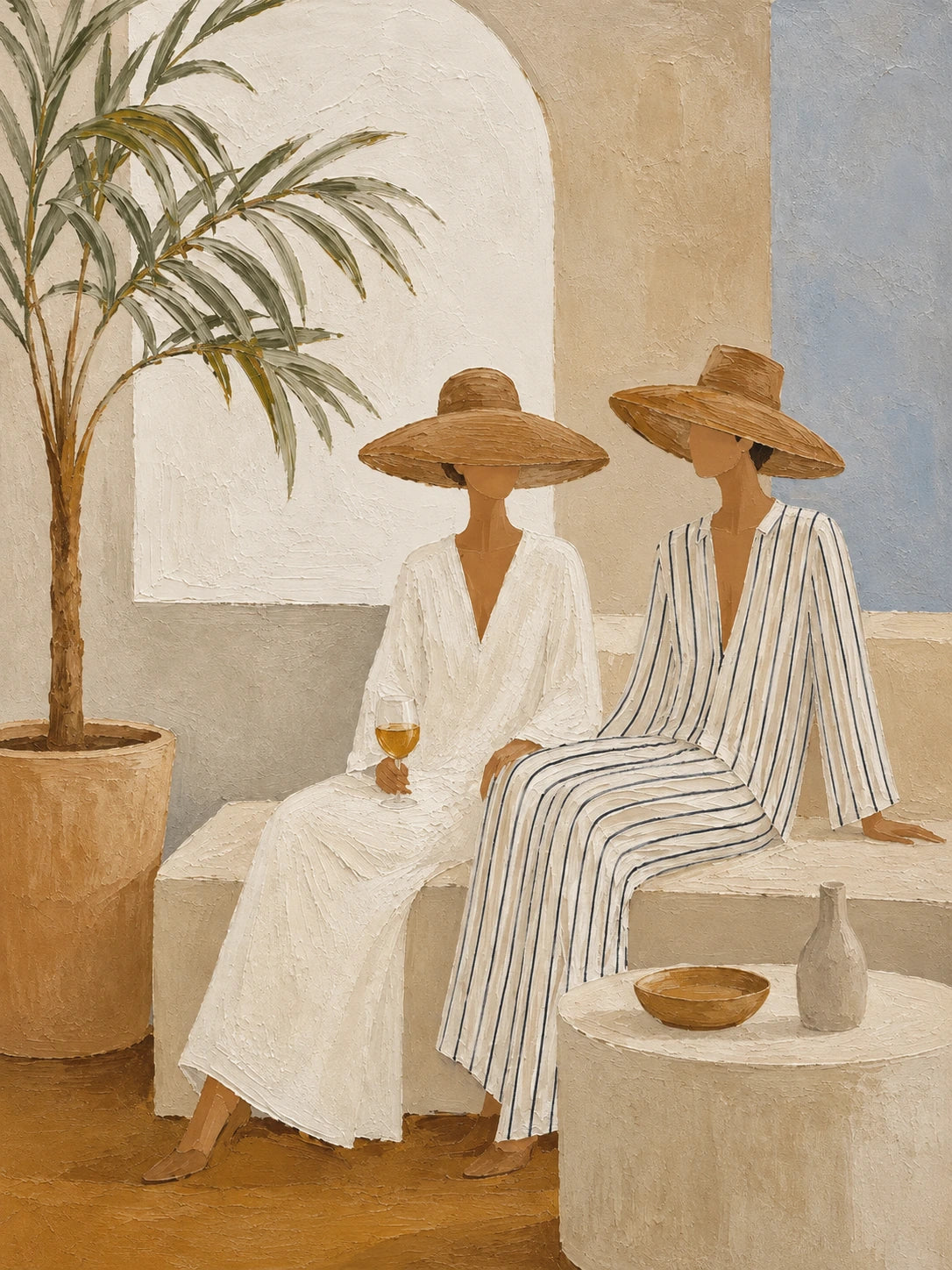 Full artwork of two seated straw-hatted figures in white and striped clothing beside a potted palm, pale arch and simple vessels.