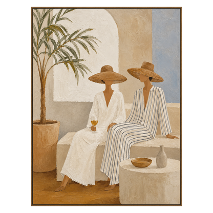 Terrace Companions vertical artwork in a natural wood frame on a transparent background.