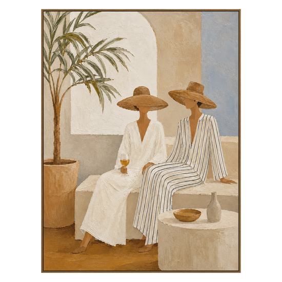 Terrace Companions vertical artwork in a natural wood frame on a transparent background.